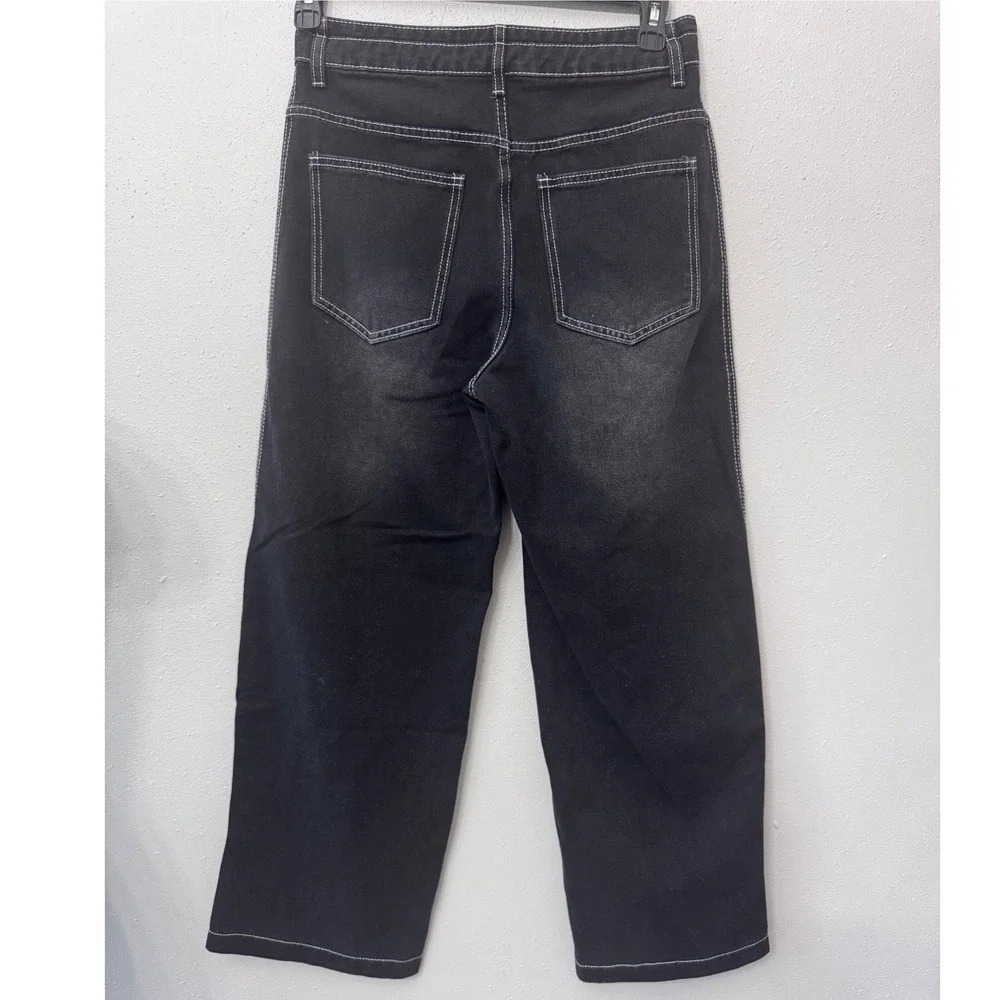 Wide Leg Jeans Womens XS Black High Waisted Denim White Stitch Streetwear grunge